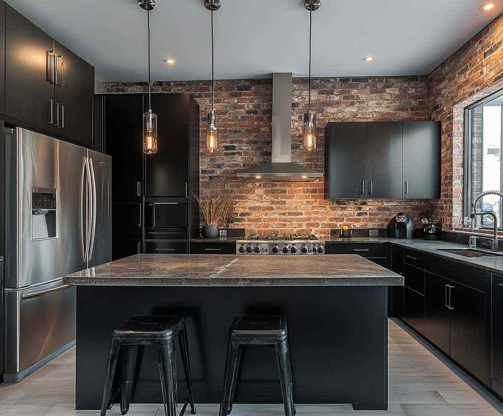 A black kitchen with exposed brick wall and black island