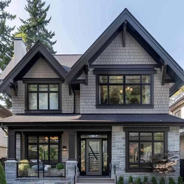 A grey house with facade and black glass windows