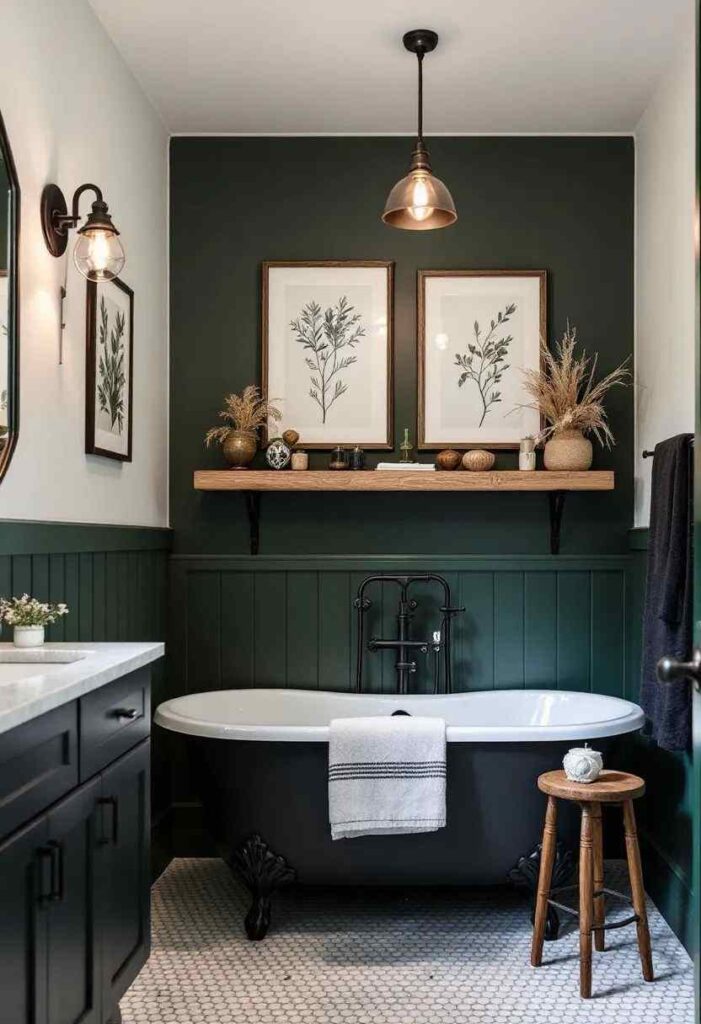 A green bathroom with wooden shelves and bathtub and painting on the wall