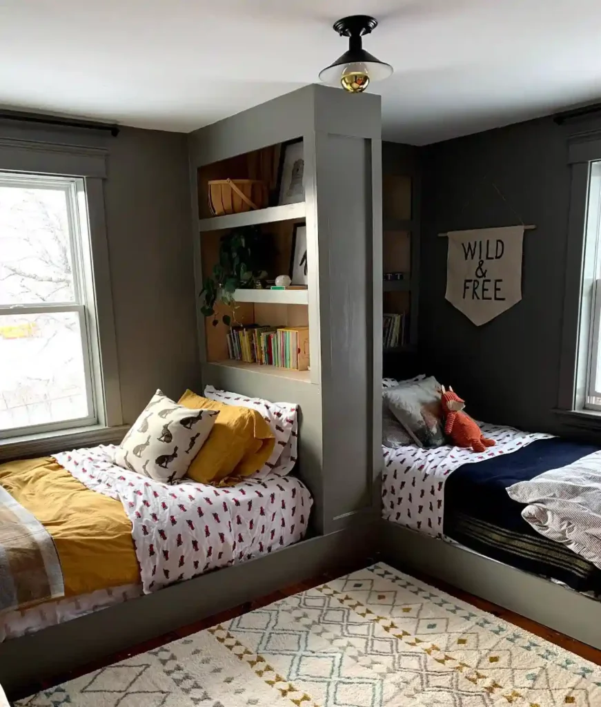 A bedroom with twins bed and floating shelves and windows and rug on the wooden floor 
