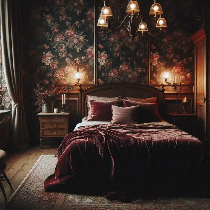 A floral motifs in dark tones in bedroom lamp and wooden floor