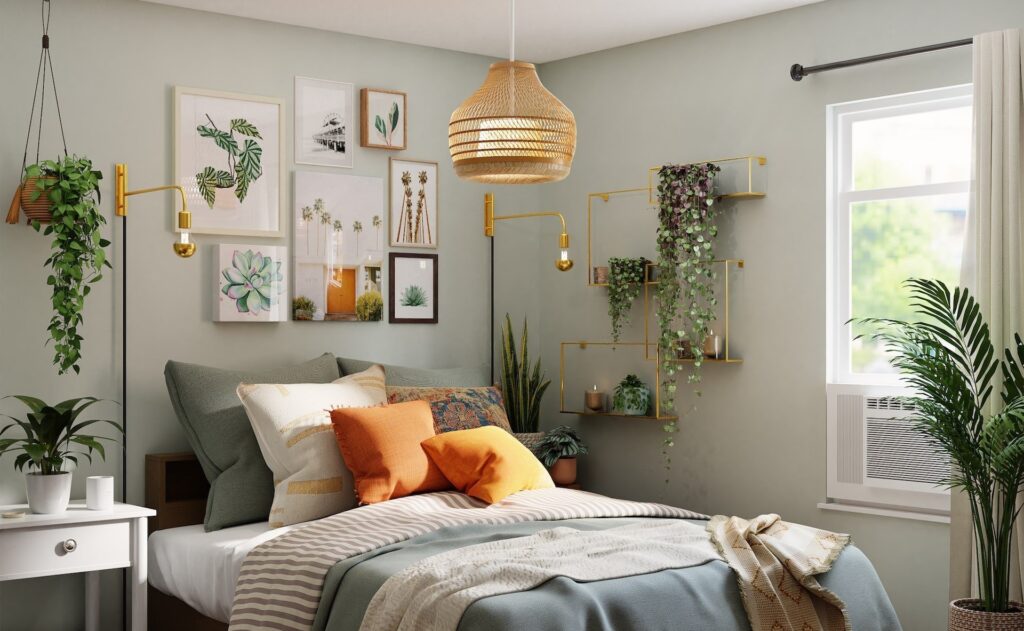 A bedroom with frames on the wall and windows and plants in the bedroom