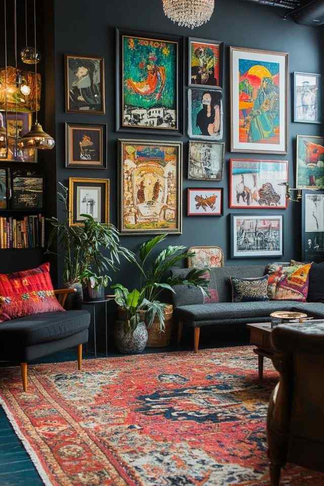 A black living room with gallery wall  and sofa and table and a carpet on the floor 