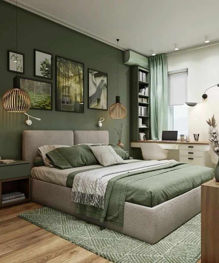 A sage green bedroom with gallery wall and book shelves and wooden floor