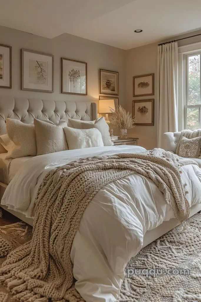 A cozy bedroom with windows and curtain and frames on the wall