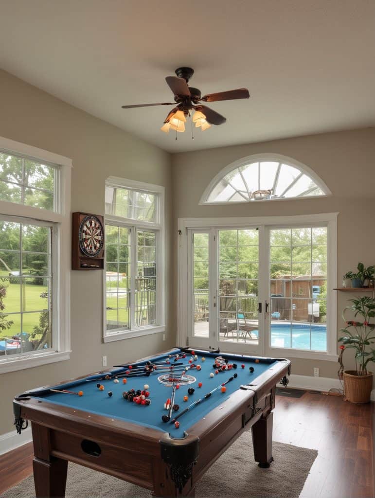 A sunroom with games and white room 