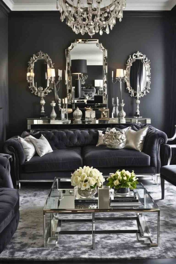 A black living room with glass table and mirror on the wall 