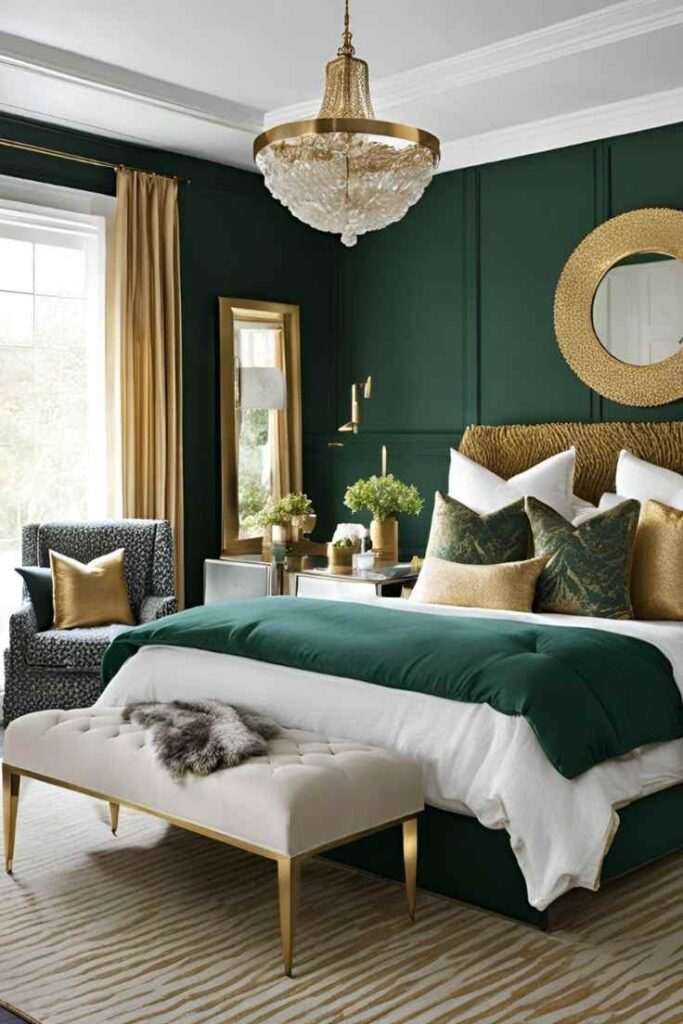 A green bedroom with gold mirror on the wall and wooden floor 