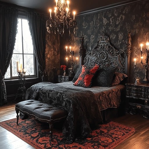A bedroom with gothic arched headboard and wooden floor and rug on it