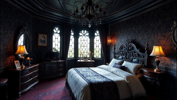 A bedroom with windows lamp on the nightstand
