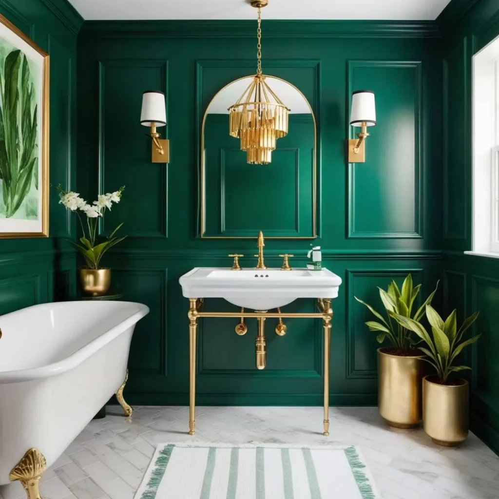 A green bathroom with gold accents and white floor