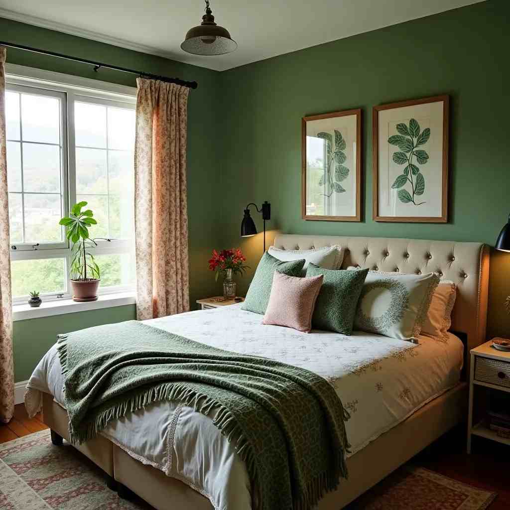 A green bedroom with white windows and wooden floor and painting on the wall
