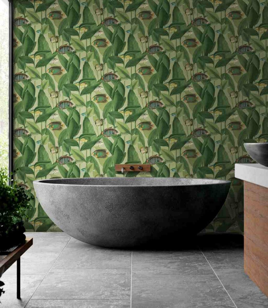 green textured wallpaper with bathtub and white floor