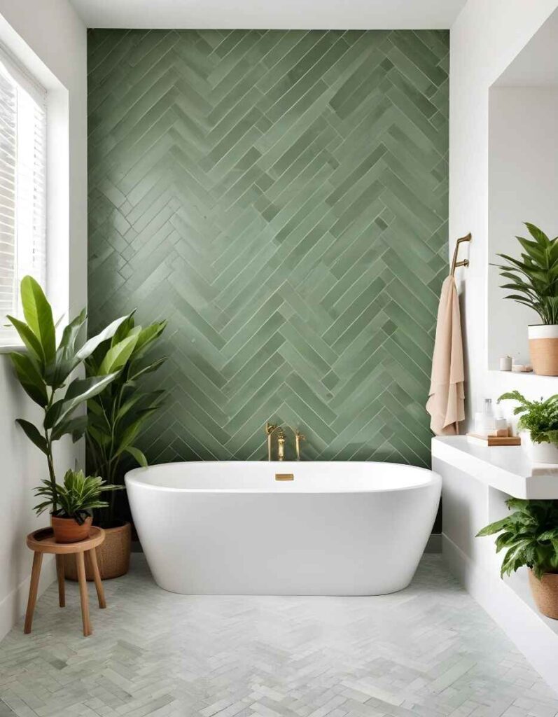 A green bathroom with white bathtub and plants