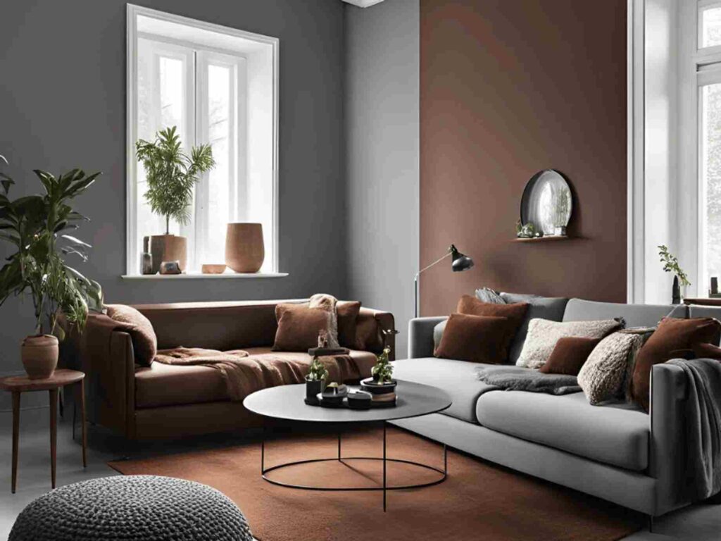 A grey and brown living room with wooden floor and grey and brown sofa 