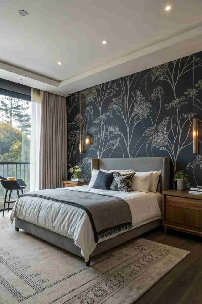A navy blue bedroom with grey bedding and wooden floor