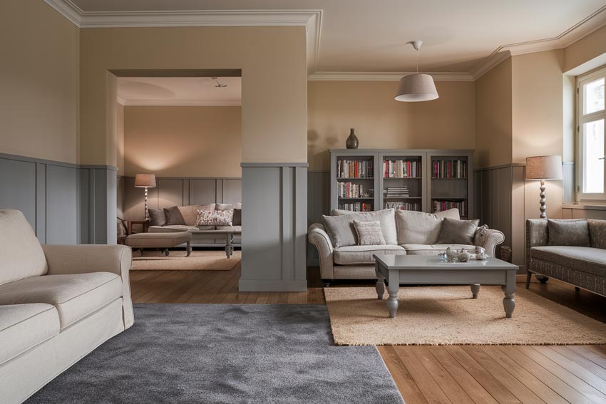 A grey and tan brown living room with wooden floor and sofa and cushion 