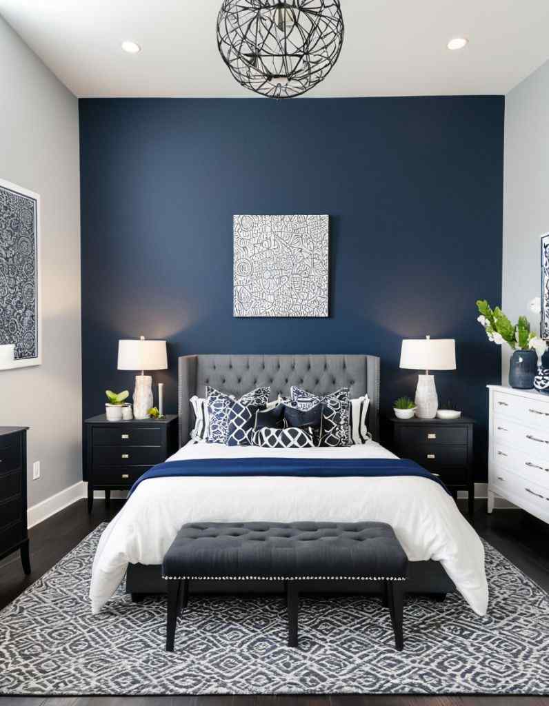 A navy blue bedroom with grey bed and rug on the floor