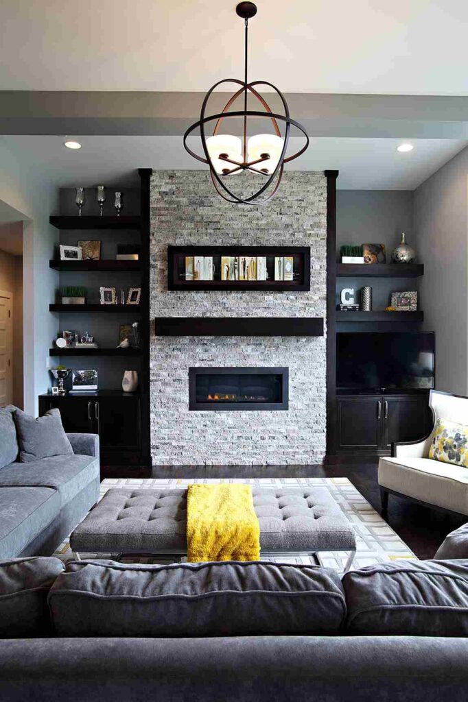 A living room with stone wall and open shelves 
