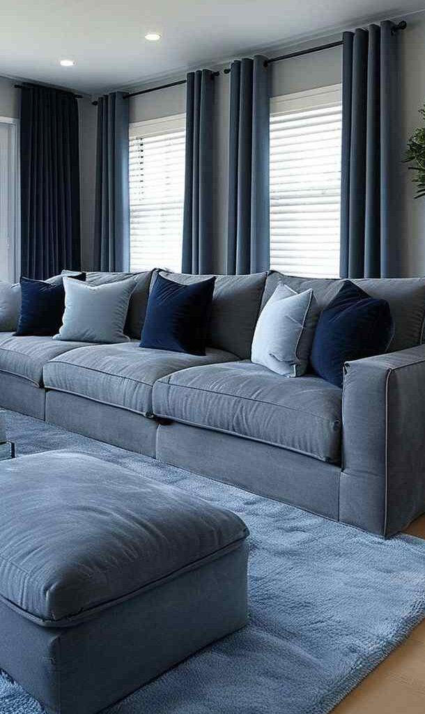 A grey and blue living room with sofa and cushion and wooden floor and blue rug on it 