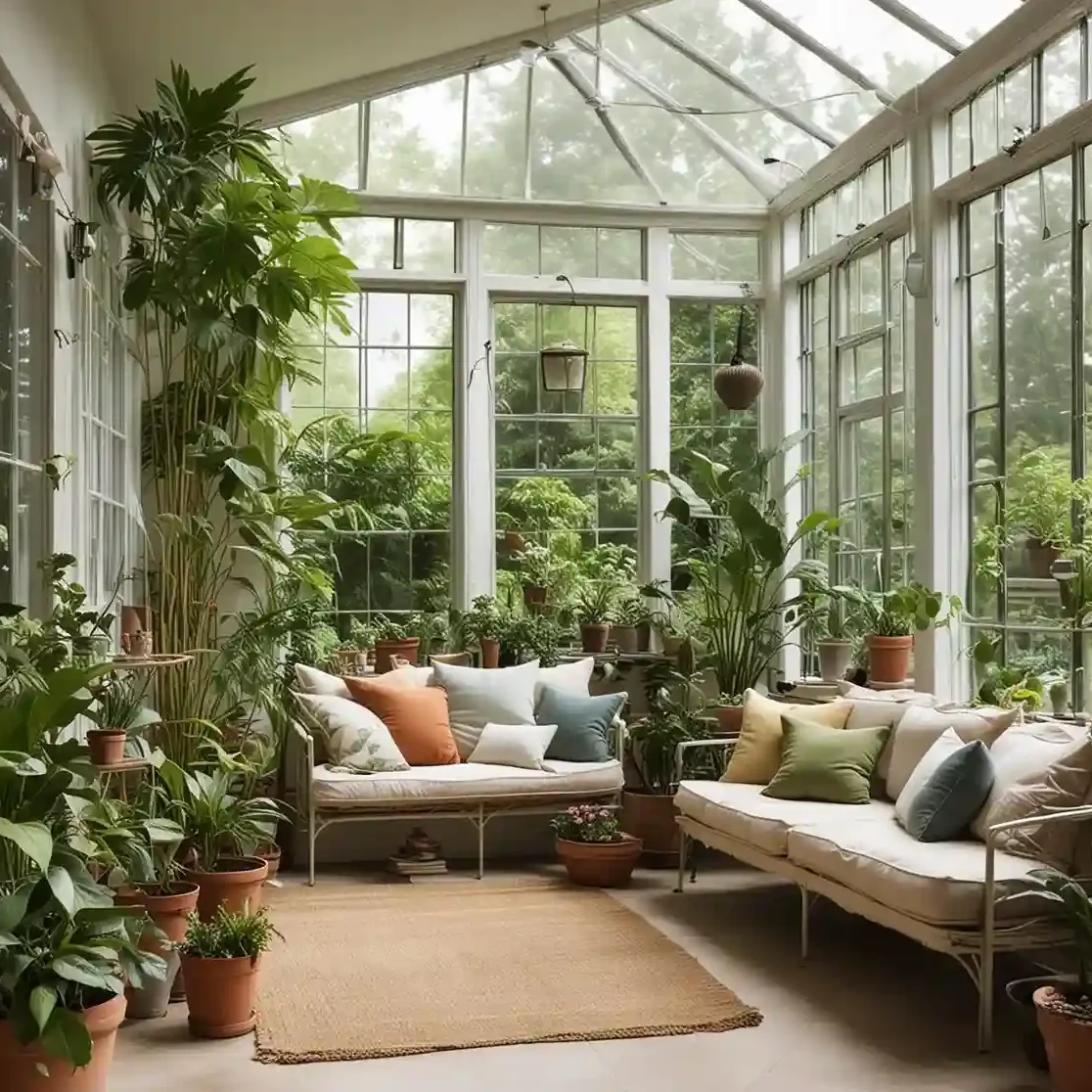 A sunroom with sofa and wooden floor and hang plants in the room 