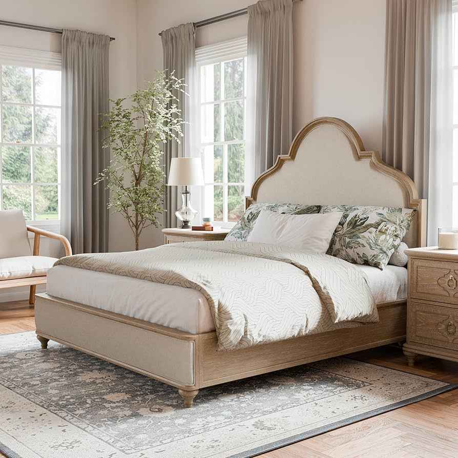 A bedroom with headboard as centerpiece and white windows 