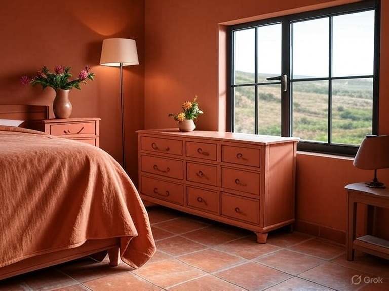 A bedroom with dresser and windows and lamp on corner