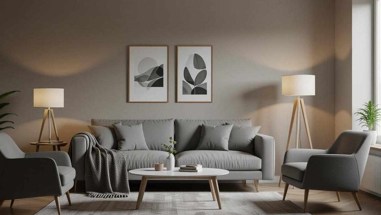 A grey sofa and white table and lamps on the side and artwork on the wall 