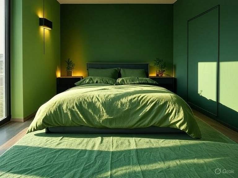 A green and sage green bedroom with lights