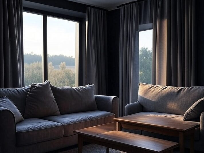 A black living room with grey curtains and sofa and table 