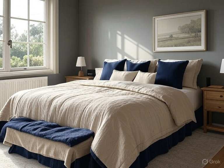 A bedroom with beige and blue bed with pillow and cushion