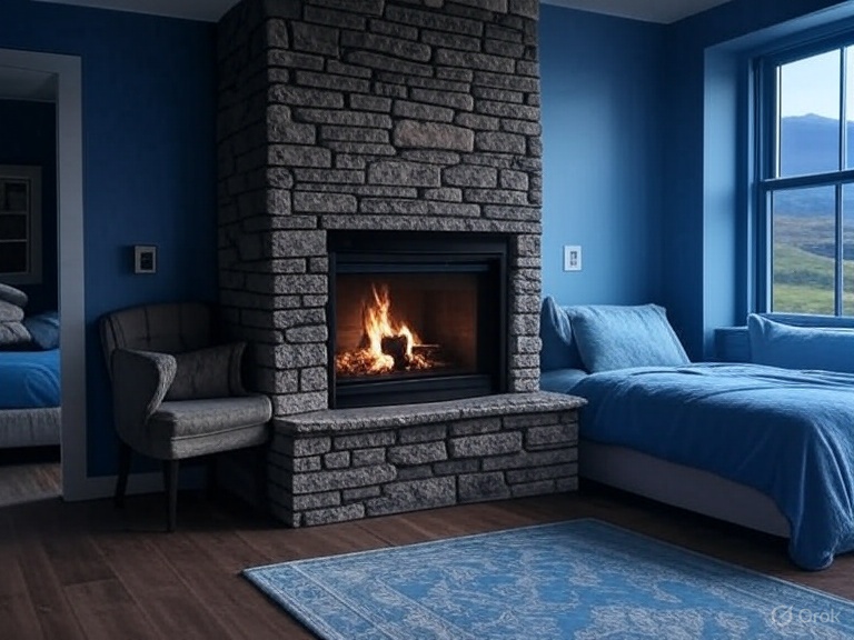 A navy blue bedroom with stone fire place and wooden floor