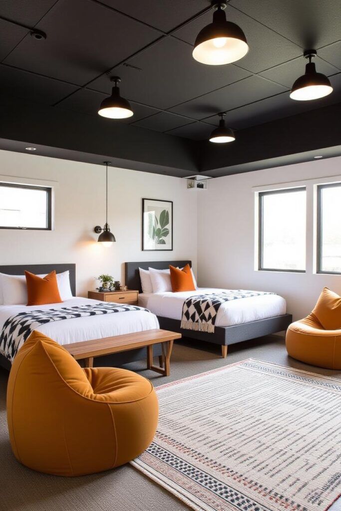 A two beds with beans bad and wooden floor and rug on it