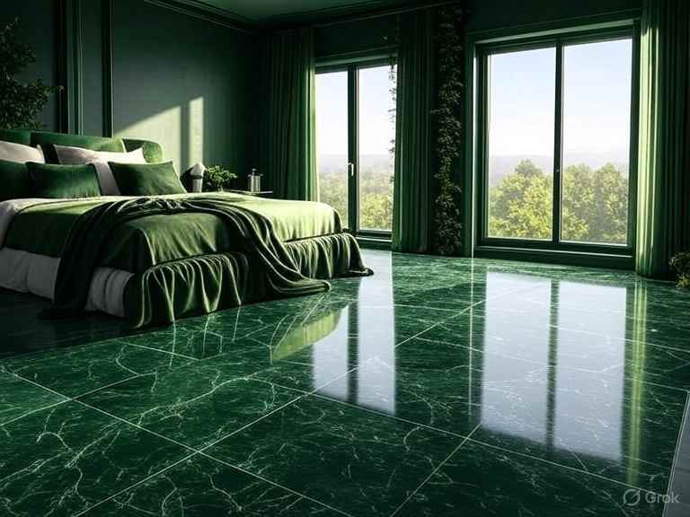 A bedroom with green flooring and windows 