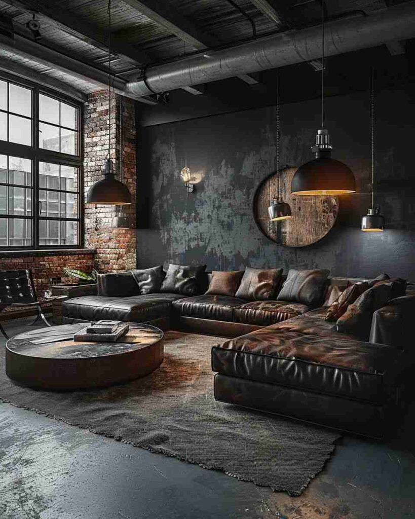 A industrial style living room with lights and brick wall and wooden floor 