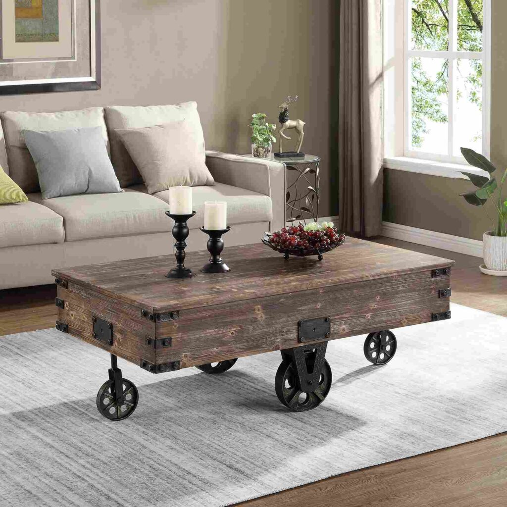 A living room with industrial table and window and wooden floor and  mat on it 