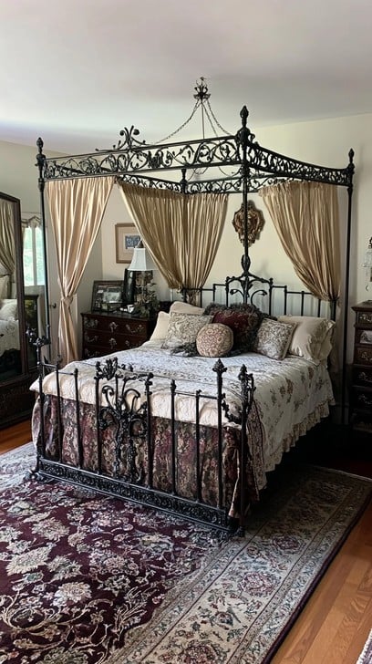 A iron frames bed in gothic bedroom with wooden floor and rug on it