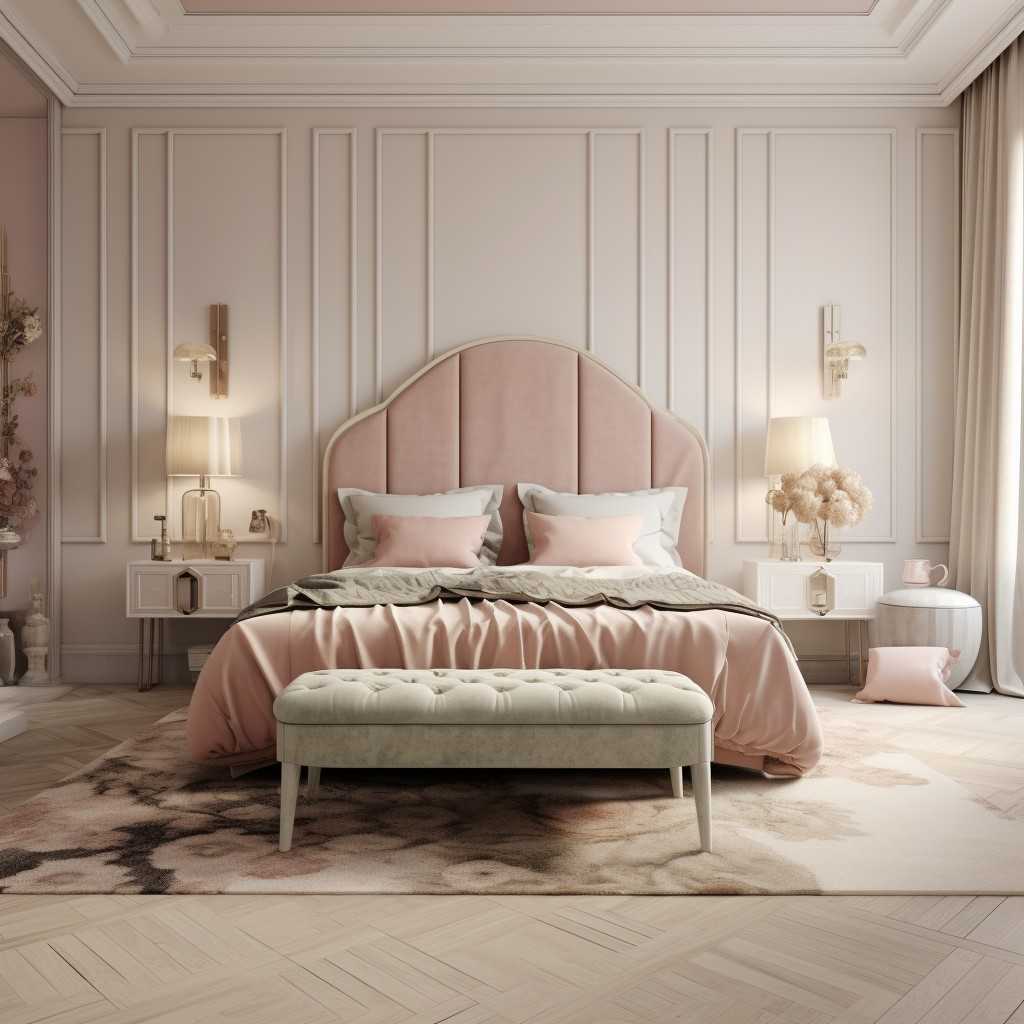 A bedroom with lights and pink bedding with pillow and cushion and blanket