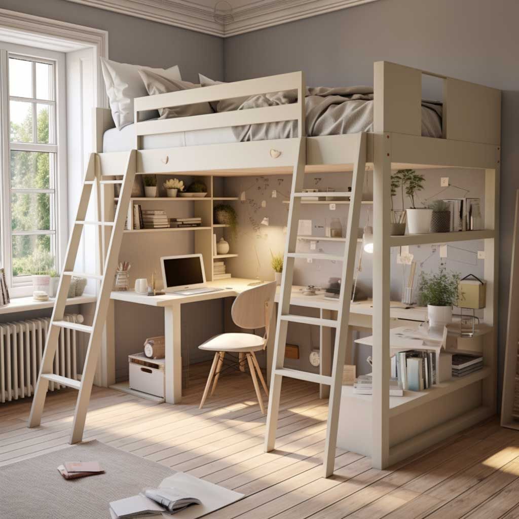 A loft bed with ladder and wooden floor and study table 