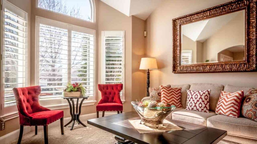 A mirror on the wall and red chairs and sofa and table and lamp on the corner in sunroom 