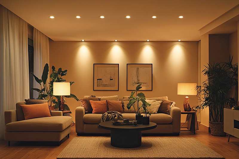 A living room with lights on the celling and lamp on the wooden side table and wooden floor and rug on it 