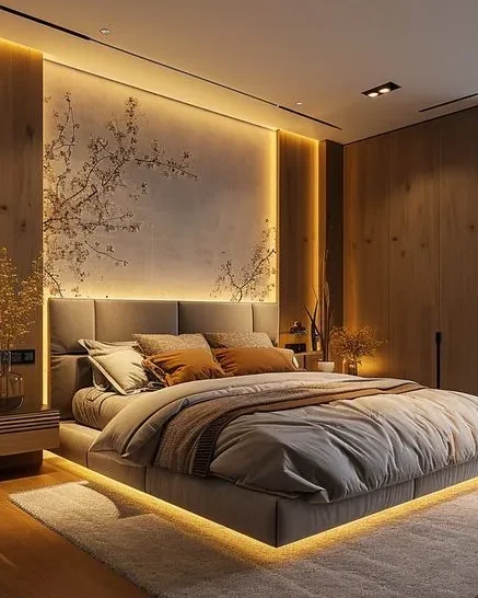 A bedroom with layered lighting in the bedroom 