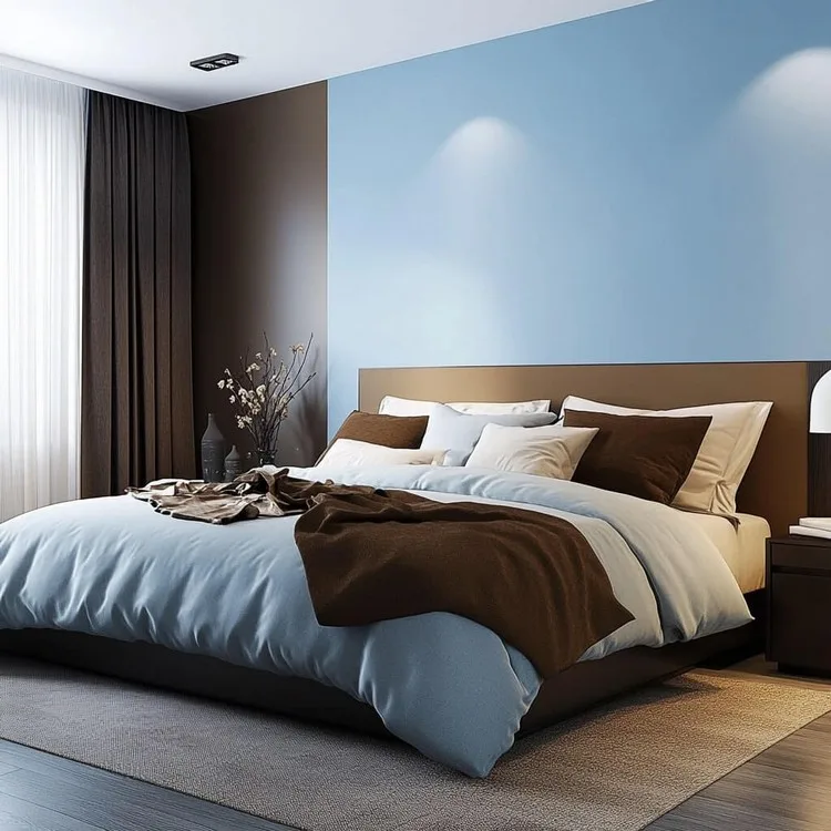 A light blue bedroom with brown and wooden frame bedroom