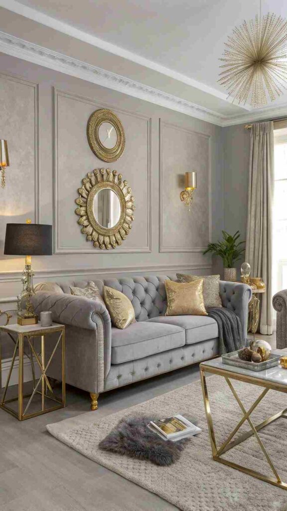 A grey living room with light on the wall and rug on the floor 