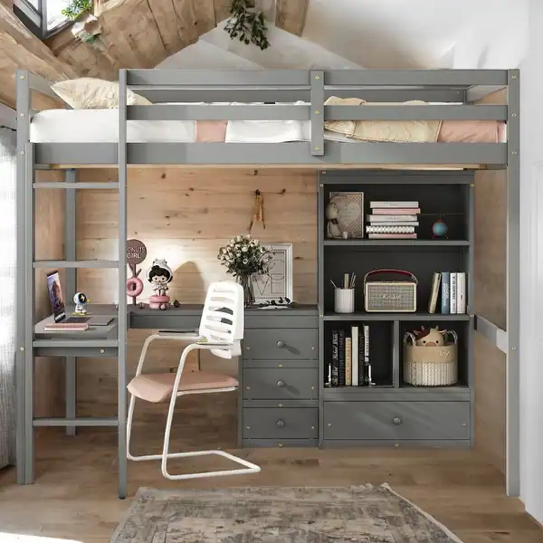 A bedroom loft bed with wooden floor and study table