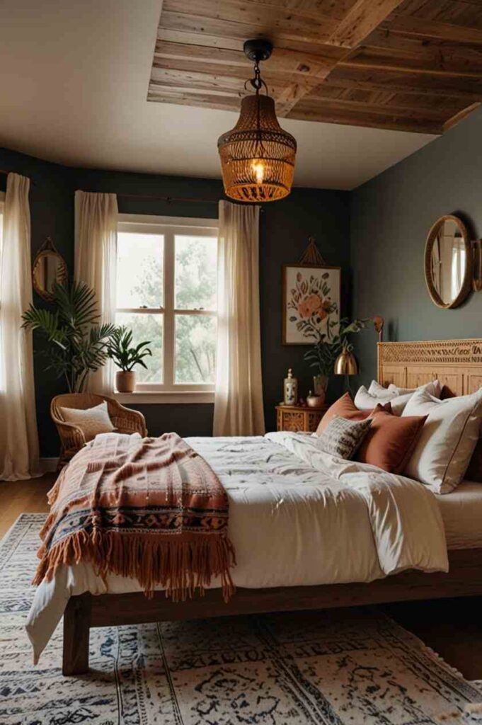 A cozy bedroom with long sheer curtains an wooden bedding and mirror on the wall