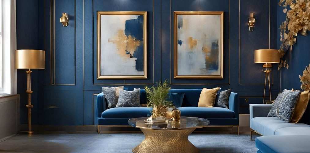 A navy blue living room with metallic accents and sofa with cushion