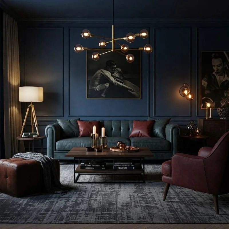 A living room with metallic accents with sofa and wooden table 