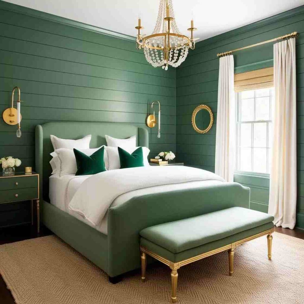 A green bedroom with accents and rug on the floor 