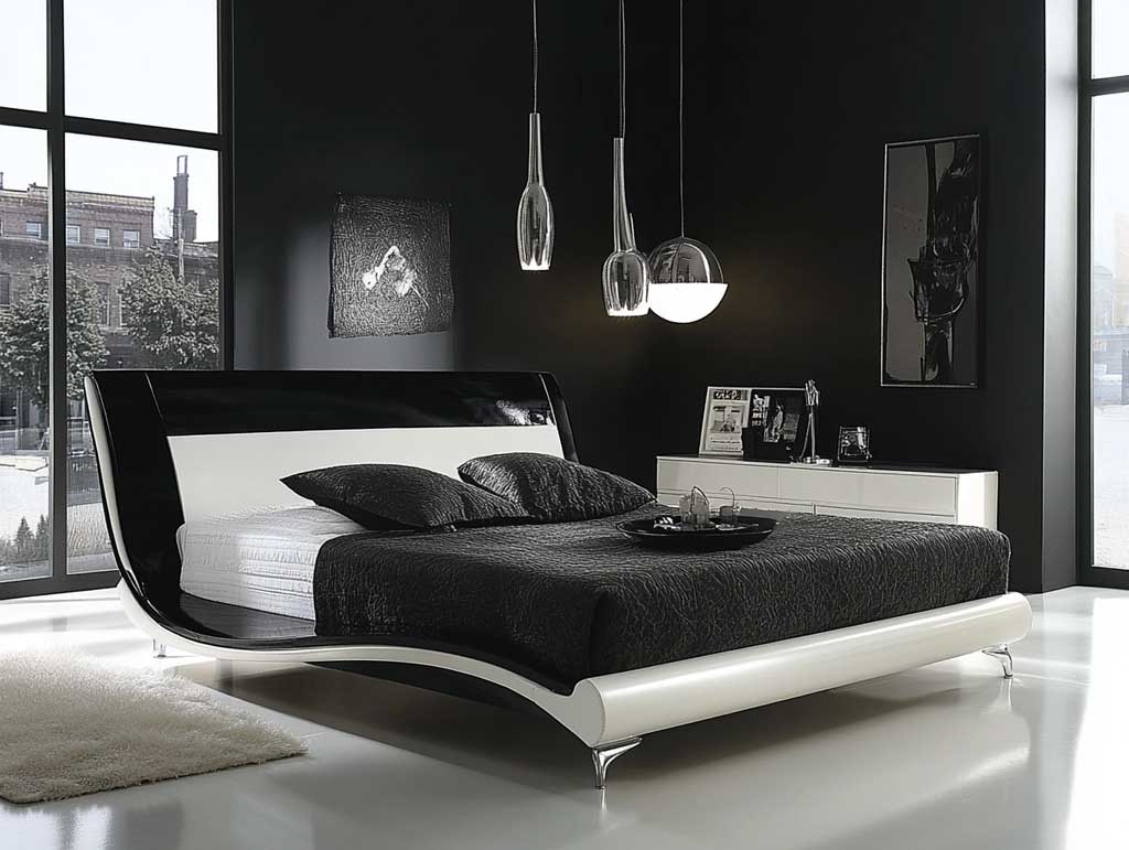 A bedroom with metallic light fixture and windows 